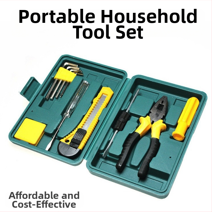 Namų įrankių rinkinys – 11- ar 12-dalių lydinio plieno rinkinys su plaktuku, veržliarakčiu, atsuktuvais ir replėmis – 0,5 kg