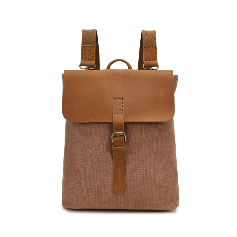 Раница от плат с ретро стил и Crazy Horse кожени акценти, водоустойчива, магнитно закопчаване; вътрешни джобове: сигурен джоб с цип, джоб за лаптоп и джоб за лични документи.