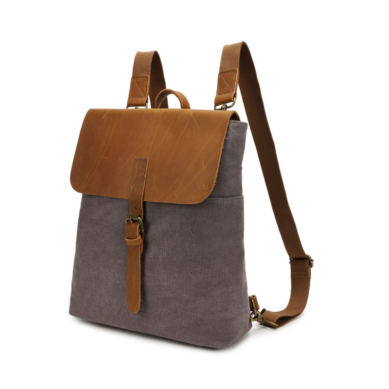 Раница от плат с ретро стил и Crazy Horse кожени акценти, водоустойчива, магнитно закопчаване; вътрешни джобове: сигурен джоб с цип, джоб за лаптоп и джоб за лични документи.