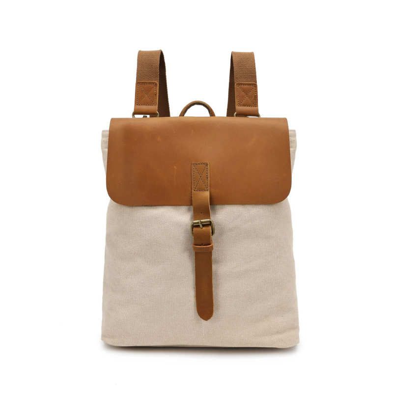 Раница от плат с ретро стил и Crazy Horse кожени акценти, водоустойчива, магнитно закопчаване; вътрешни джобове: сигурен джоб с цип, джоб за лаптоп и джоб за лични документи.