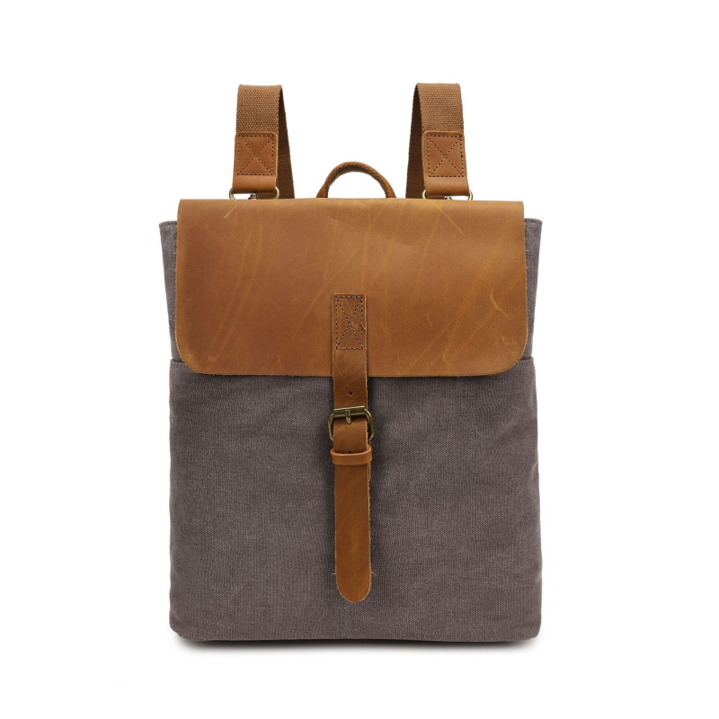 Раница от плат с ретро стил и Crazy Horse кожени акценти, водоустойчива, магнитно закопчаване; вътрешни джобове: сигурен джоб с цип, джоб за лаптоп и джоб за лични документи.