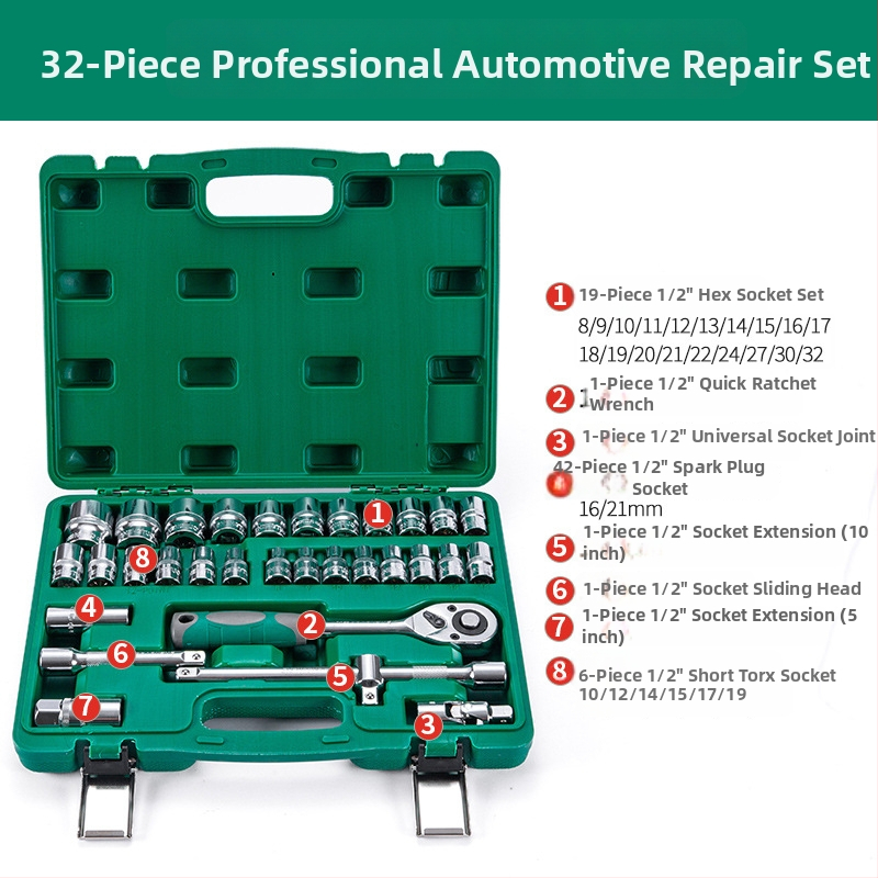 32-dielny set hlavíc na zápustky, kľúč na sviečky a ráčňový set pre opravy auta z chrom-vanádiovej ocele
