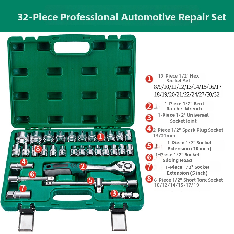 32-dielny set hlavíc na zápustky, kľúč na sviečky a ráčňový set pre opravy auta z chrom-vanádiovej ocele
