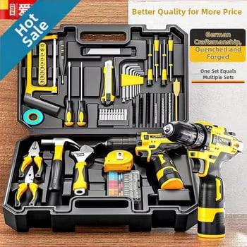 Elektrická ručná vŕtačka v skrinke s nástrojmi – kompletný domáci set, viac ako 200 sád