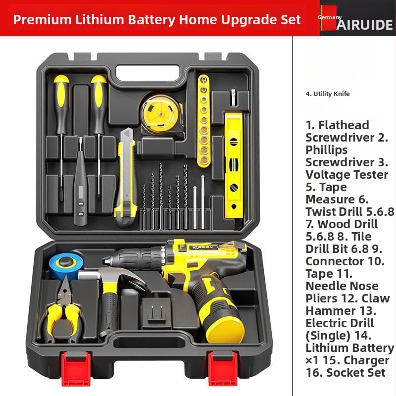 Elektrická ručná vŕtačka v skrinke s nástrojmi – kompletný domáci set, viac ako 200 sád