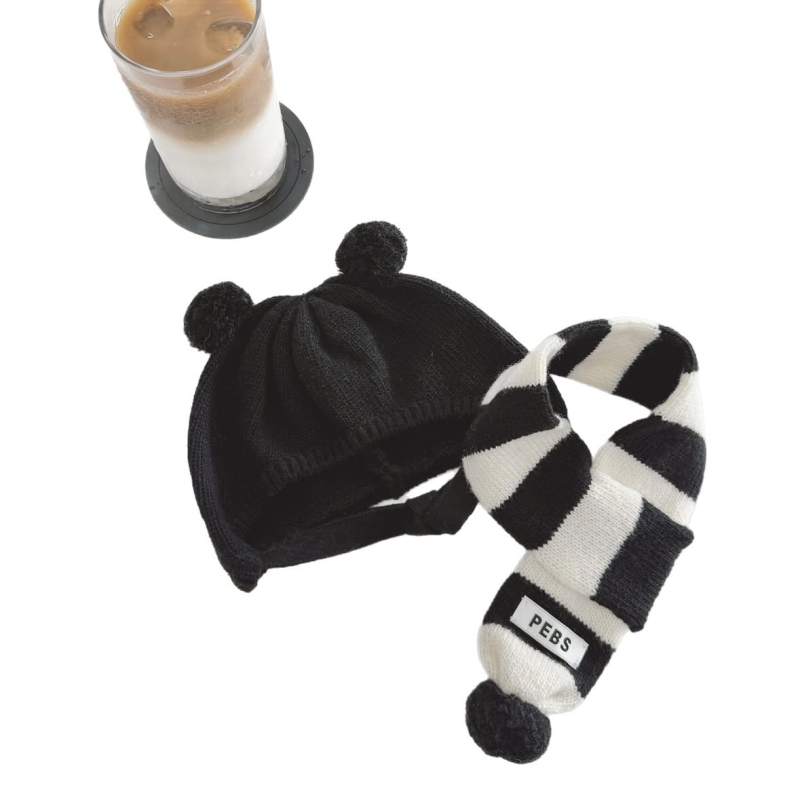 Pălărie tricotată pentru animale de companie, cu bulă de blană, pentru pisici și câini, iarnă, lână monocromă, țesătură plată grea, jacquard