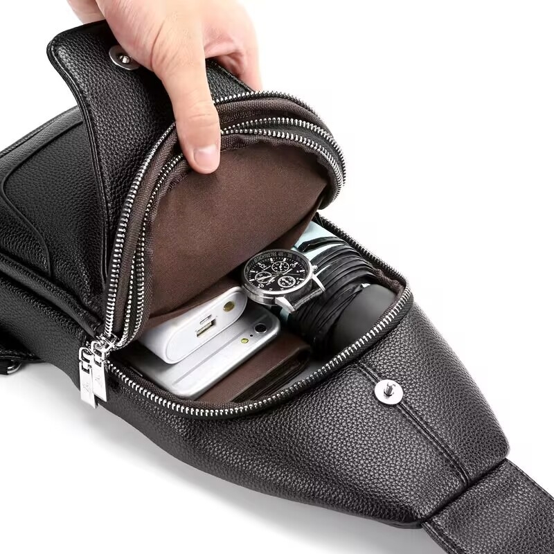 Muška prsna torba preko ramena, vodootporan PU materijal, gradski minimalistički stil, podstava od poliestera, kapacitet za 9-inčni laptop