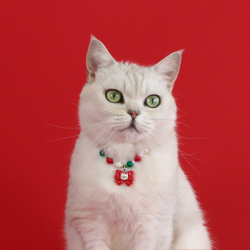 Náhrdelník pre domáce zvieratá s vianočnými perlami, uzlík motýľa a príves s jeleňom — kreslený dizajn, plast/živica, univerzálne použitie, Vianoce, štyri ročné obdobia