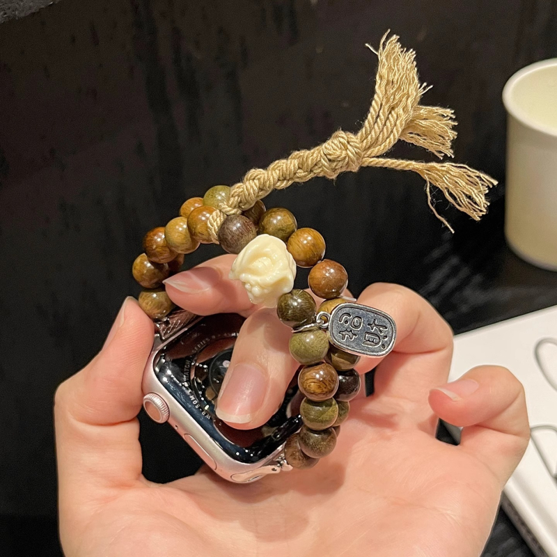 Brățară din mărgele pentru Apple Watch cu motiv leu din lemn de santal – design cu un singur buclă, dimensiune interfețe reglabilă, 15 g