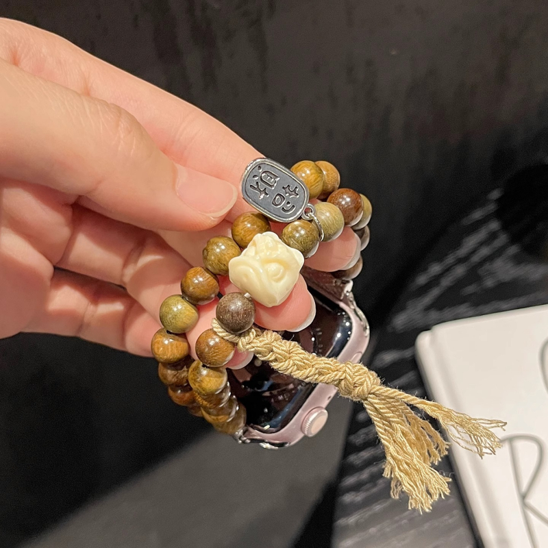 Brățară din mărgele pentru Apple Watch cu motiv leu din lemn de santal – design cu un singur buclă, dimensiune interfețe reglabilă, 15 g