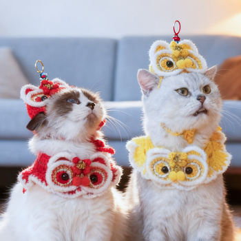 Vlnený pletený obojok pre mačku, motív prebudeného leva, čínske štýl, vhodný pre všetky ročné obdobia