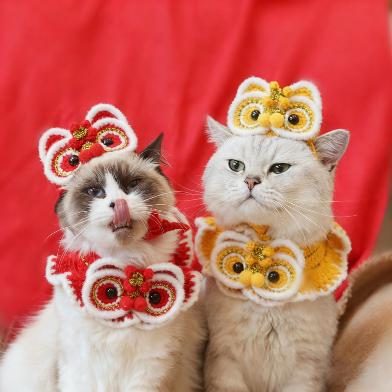 Vlnený pletený obojok pre mačku, motív prebudeného leva, čínske štýl, vhodný pre všetky ročné obdobia