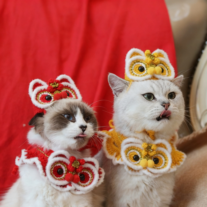 Vlnený pletený obojok pre mačku, motív prebudeného leva, čínske štýl, vhodný pre všetky ročné obdobia