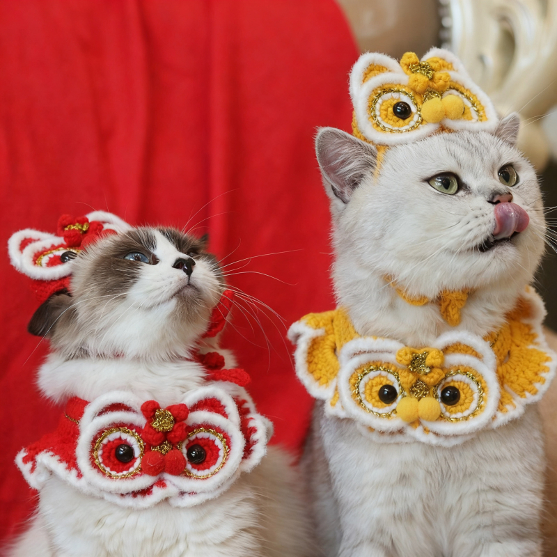 Vlnený pletený obojok pre mačku, motív prebudeného leva, čínske štýl, vhodný pre všetky ročné obdobia