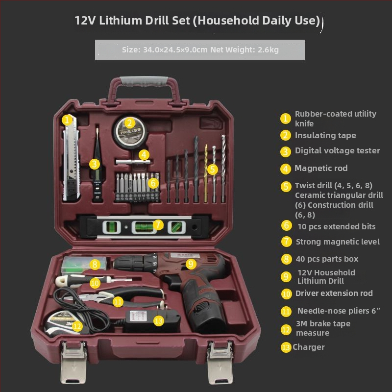 Háztartási szerszámkészlet dobozban – Többcélú otthoni javítási készlet akkumulátoros fúróval, demontázs eszközökkel és faipari szerszámokkal, 100+ darab