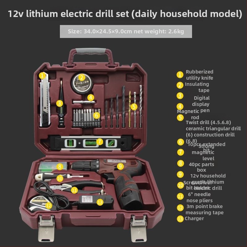 Háztartási szerszámkészlet dobozban – Többcélú otthoni javítási készlet akkumulátoros fúróval, demontázs eszközökkel és faipari szerszámokkal, 100+ darab