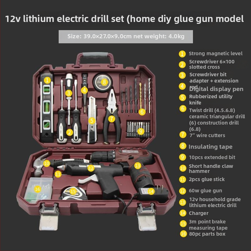 Háztartási szerszámkészlet dobozban – Többcélú otthoni javítási készlet akkumulátoros fúróval, demontázs eszközökkel és faipari szerszámokkal, 100+ darab