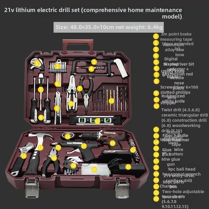 Háztartási szerszámkészlet dobozban – Többcélú otthoni javítási készlet akkumulátoros fúróval, demontázs eszközökkel és faipari szerszámokkal, 100+ darab