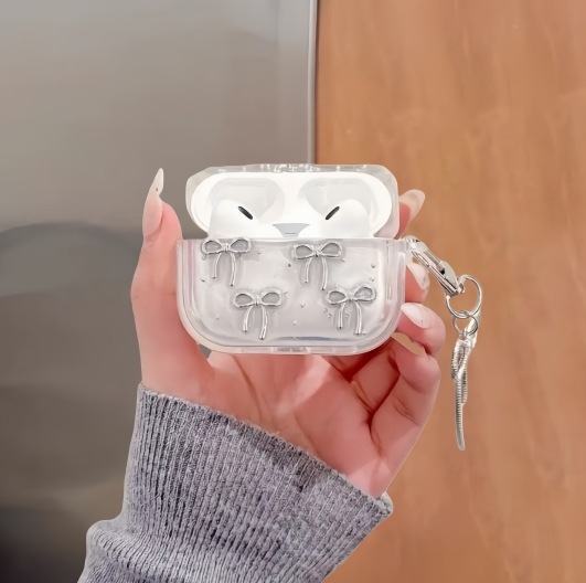 AirPods védőtok csillogó masnis lánccal, TPU anyag, imprint dizájn, kompatibilis az Apple AirPods-szal