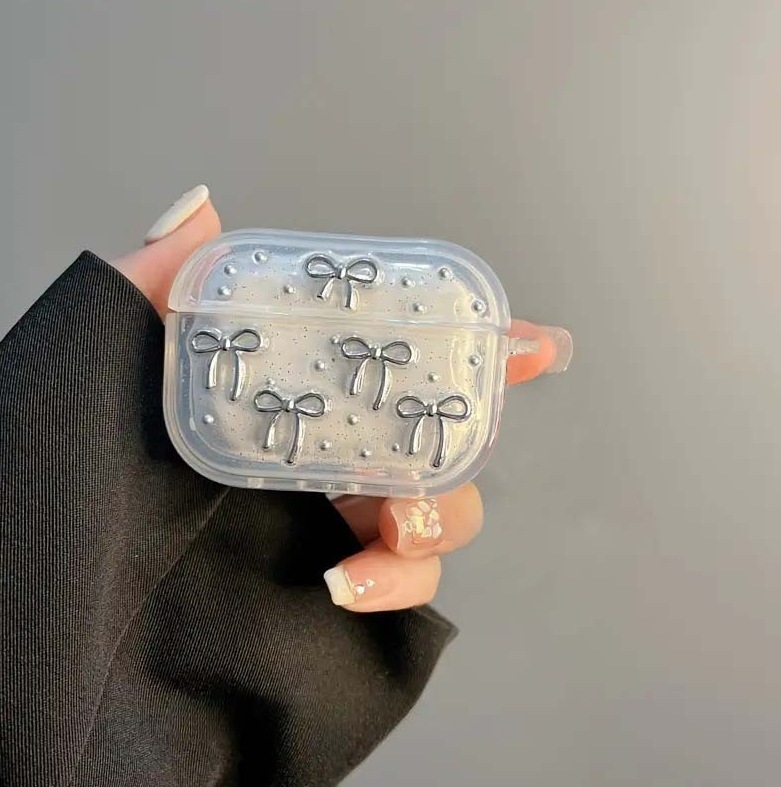 AirPods védőtok csillogó masnis lánccal, TPU anyag, imprint dizájn, kompatibilis az Apple AirPods-szal