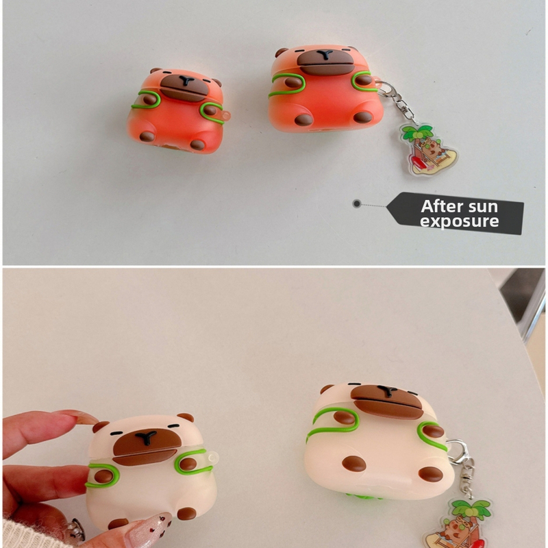 Silikónový ochranný kryt s UV dizajnom kapibary pre AirPods 4 a AirPods Pro 3, kartúnový reliéf