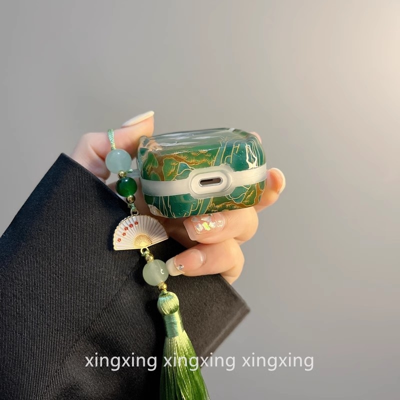 Θήκη σιλικόνης για Apple AirPods 4, κινεζικού στυλ με πράσινο φουντάκι, ανάγλυφος σχεδιασμός καρτούν, δυνατότητα προσαρμογής