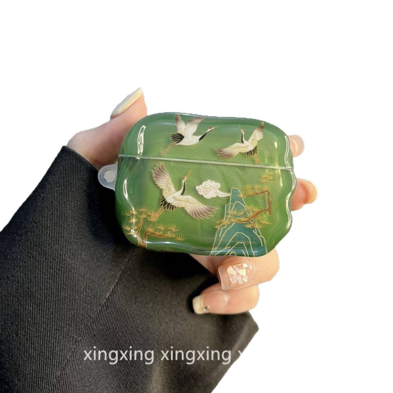 Θήκη σιλικόνης για Apple AirPods 4, κινεζικού στυλ με πράσινο φουντάκι, ανάγλυφος σχεδιασμός καρτούν, δυνατότητα προσαρμογής
