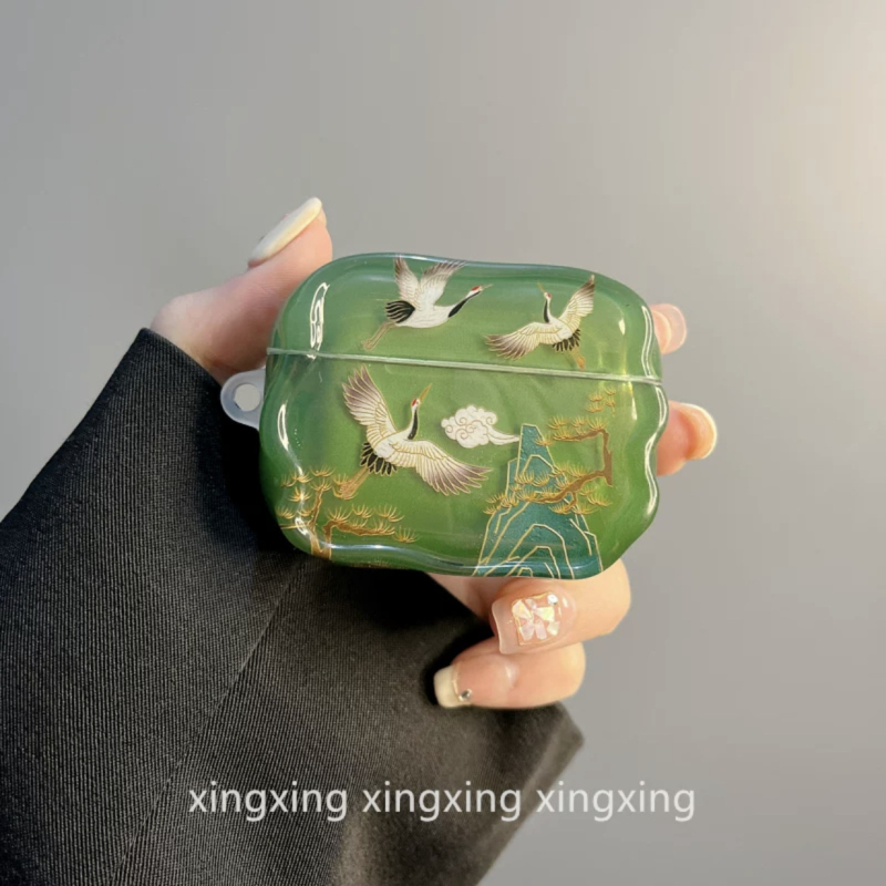 Θήκη σιλικόνης για Apple AirPods 4, κινεζικού στυλ με πράσινο φουντάκι, ανάγλυφος σχεδιασμός καρτούν, δυνατότητα προσαρμογής