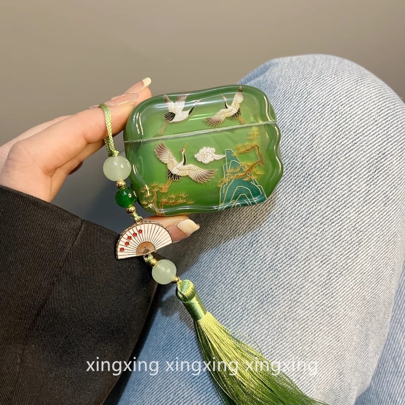 Θήκη σιλικόνης για Apple AirPods 4, κινεζικού στυλ με πράσινο φουντάκι, ανάγλυφος σχεδιασμός καρτούν, δυνατότητα προσαρμογής