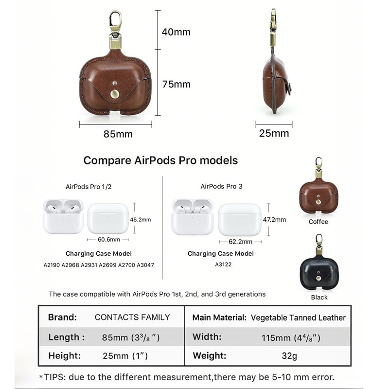 Kožna futrola za Apple AirPods Pro 3 – prava koža, ručno rađena, prijenosna, kompatibilna s Apple