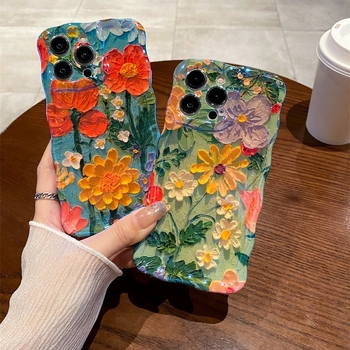 Θήκη προστασίας TPU ανάγλυφη για iPhone 14 Pro Max – σχέδιο Blue Light Oil Painting Flower, αντίσταση σε πτώσεις