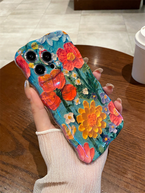 Θήκη προστασίας TPU ανάγλυφη για iPhone 14 Pro Max – σχέδιο Blue Light Oil Painting Flower, αντίσταση σε πτώσεις