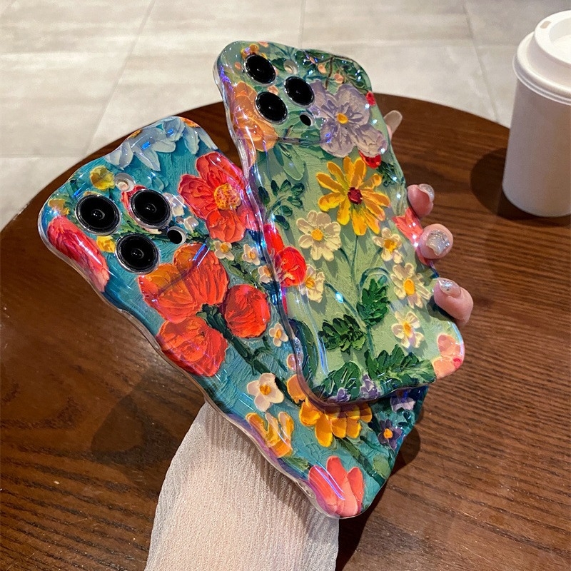 Θήκη προστασίας TPU ανάγλυφη για iPhone 14 Pro Max – σχέδιο Blue Light Oil Painting Flower, αντίσταση σε πτώσεις
