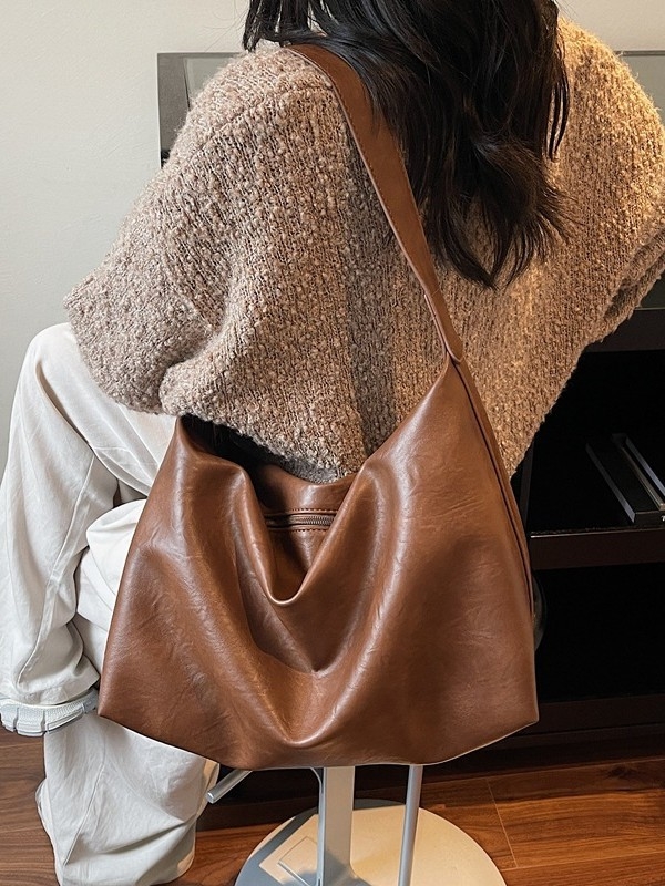 Retro tote taška, PU koža, veľká kapacita, podpažný/krížový štýl, zipsové zatváranie, jeseň 2025 uvedenie