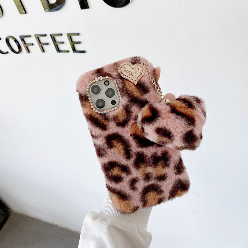 Tālruņa lieta ar pūkainu leopardu rakstu un sirds piekariņu, rokdarbs, pielāgojama, saderīga ar iPhone XS/XR, 11 Pro/Max, 6s/8 Plus