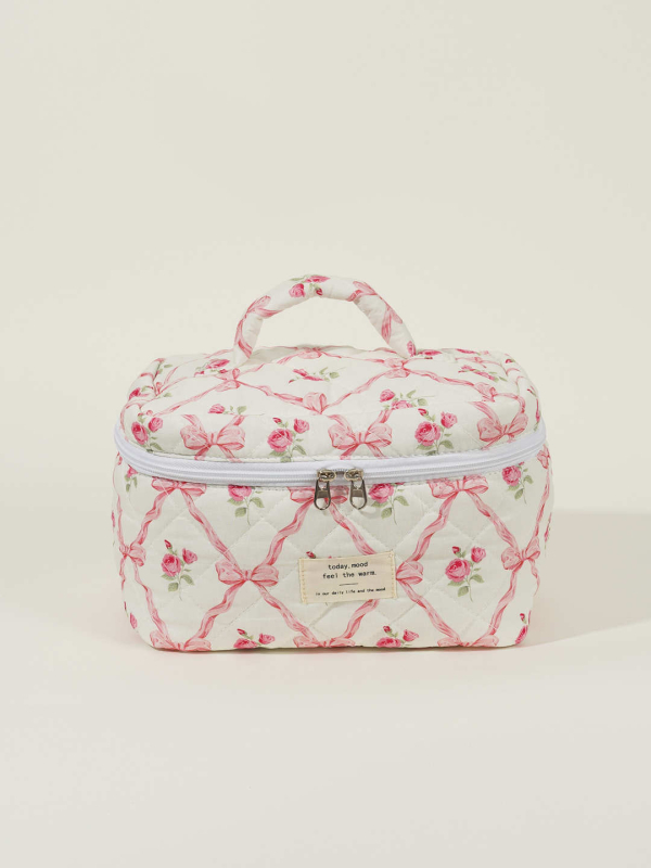 Ženska torbica od pamuka s mašnicom, velika kapacita za kozmetiku — organizator torbe (Materijal: pamuk; Scenariji uporabe: svakodnevno; Spol: žena; Stil: svježe i slatko; Sezona: proljeće 2024)