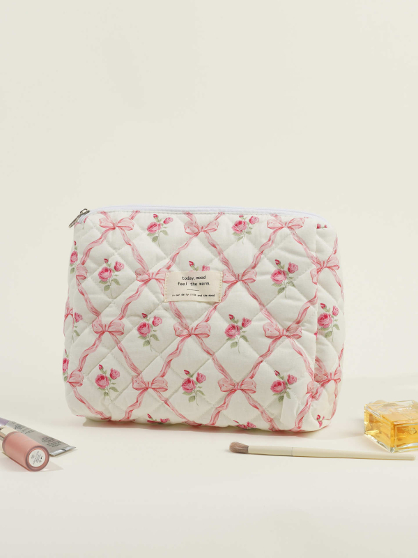 Ženska torbica od pamuka s mašnicom, velika kapacita za kozmetiku — organizator torbe (Materijal: pamuk; Scenariji uporabe: svakodnevno; Spol: žena; Stil: svježe i slatko; Sezona: proljeće 2024)