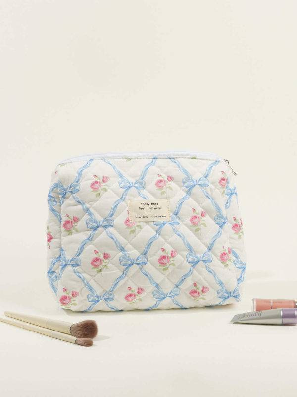 Ženska torbica od pamuka s mašnicom, velika kapacita za kozmetiku — organizator torbe (Materijal: pamuk; Scenariji uporabe: svakodnevno; Spol: žena; Stil: svježe i slatko; Sezona: proljeće 2024)