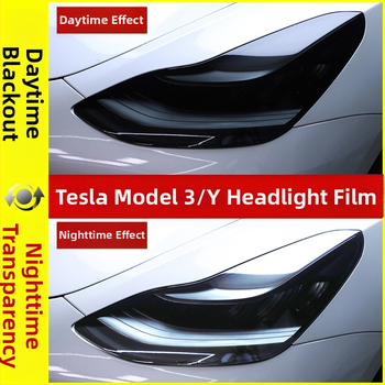 Film pentru faruri Tesla Model 3 și Model Y – TPU HD transparent, folie moale, cu schimbare de culoare (2019–2022)