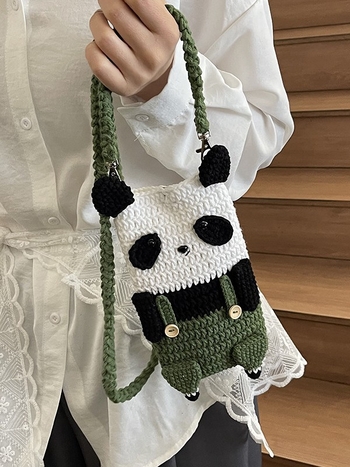 Ručna pletena crossbody torba s motivima lava i panda | Materijal: Poliester | Cylindrični oblik | Zaključavanje | Unutarnja džep za dokumente | Jedan naramenica