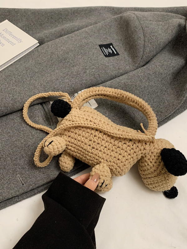 Dječja crossbody torba s motivom medvjeda, ručno kukičana od vune, uspravni kvadratni oblik, zaključavanje, unutarnja džep za telefon, pamučna podstava