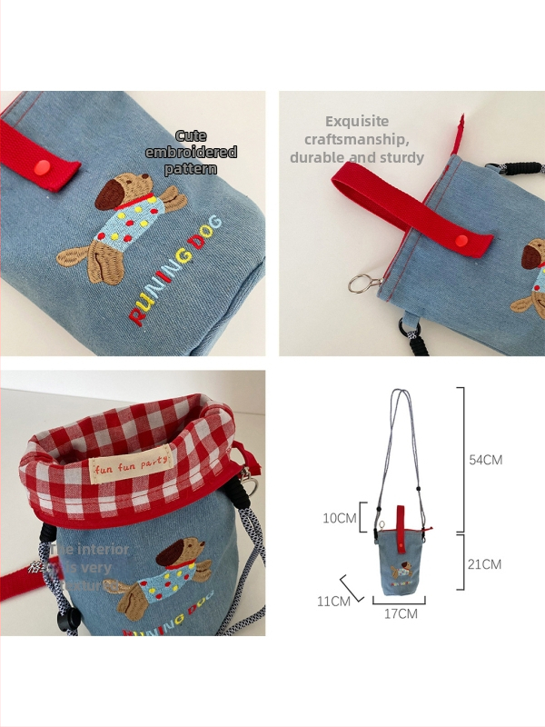 Cilindrična crossbody torbica s ušivenim štenetom — svježi i slatki stil, kaubojska tkanina, zatvarač, poliester podstava