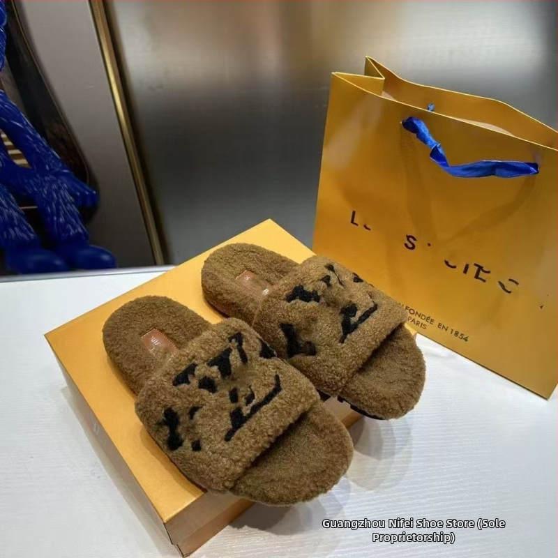 Moteriškos vilnos šlepetės su avies vilnos įdėklu, gumos padas, slip-on, plokščias dizainas, kvėpuojančios, lengvos