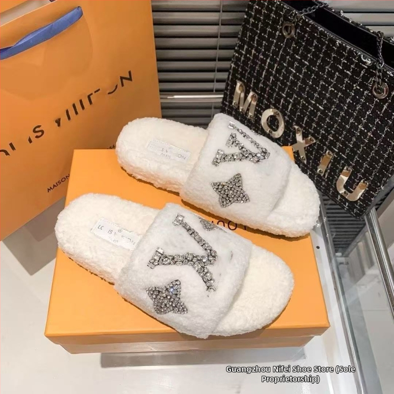 Moteriškos vilnos šlepetės su avies vilnos įdėklu, gumos padas, slip-on, plokščias dizainas, kvėpuojančios, lengvos