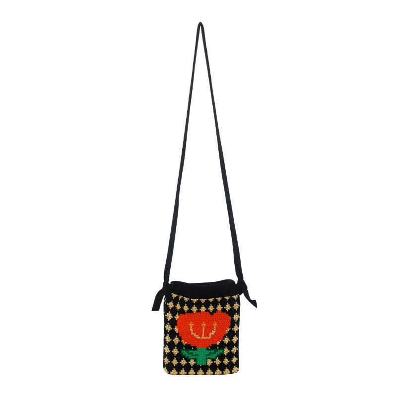 Pletena crossbody torbica za mobitel s cvjetnim uzorkom, ulični stil, poliester, uspravni kvadratni oblik, otvoreno, jedna naramenica