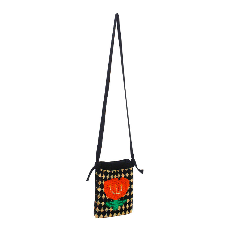 Pletena crossbody torbica za mobitel s cvjetnim uzorkom, ulični stil, poliester, uspravni kvadratni oblik, otvoreno, jedna naramenica