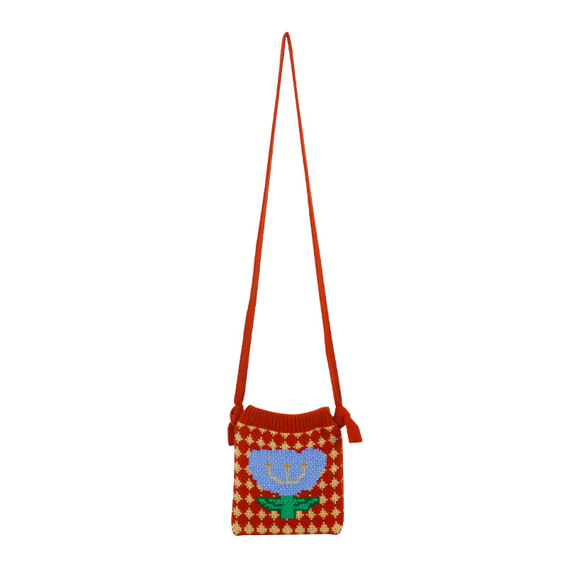 Pletena crossbody torbica za mobitel s cvjetnim uzorkom, ulični stil, poliester, uspravni kvadratni oblik, otvoreno, jedna naramenica