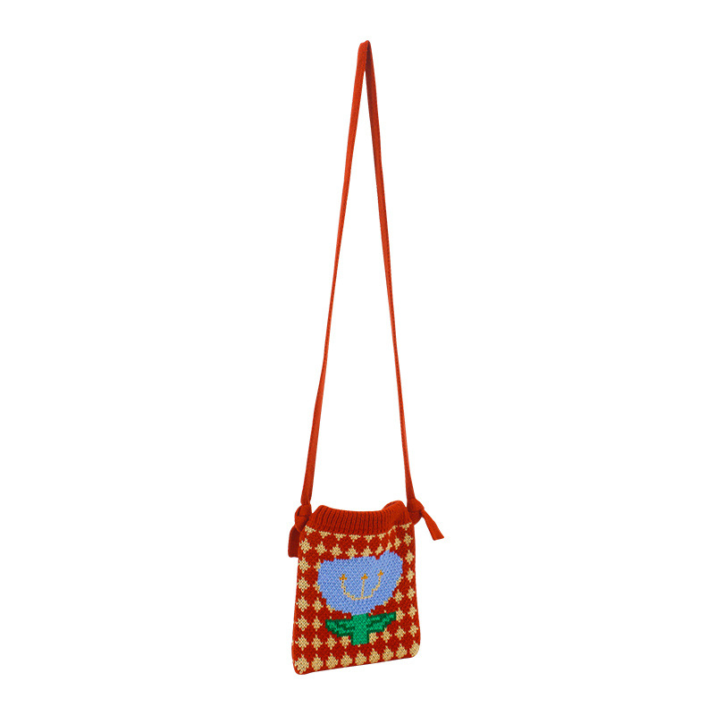 Pletena crossbody torbica za mobitel s cvjetnim uzorkom, ulični stil, poliester, uspravni kvadratni oblik, otvoreno, jedna naramenica