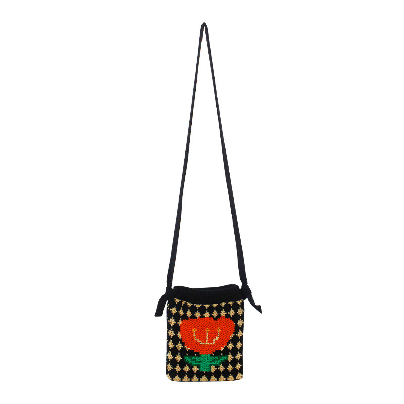 Pletena crossbody torbica za mobitel s cvjetnim uzorkom, ulični stil, poliester, uspravni kvadratni oblik, otvoreno, jedna naramenica