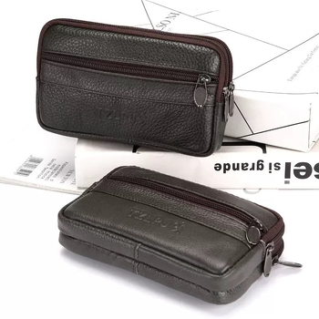 Pravé kožené púzdro na telefón s opaskom – zvislý štvorcový tvar, zips, priehradka na mince, pre mužov, na služobnú cestu